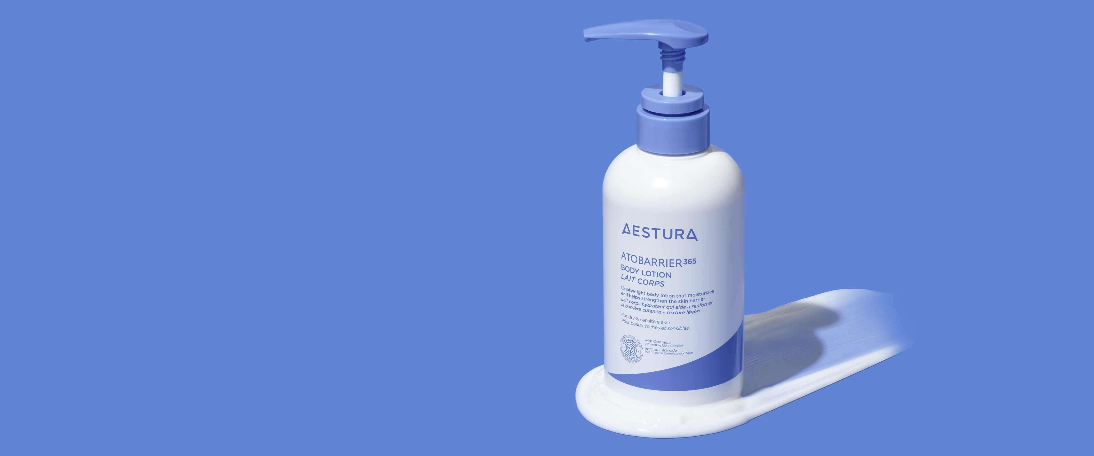 AESTURA Atobarrier365 Body Lotion in front of a solid blue background