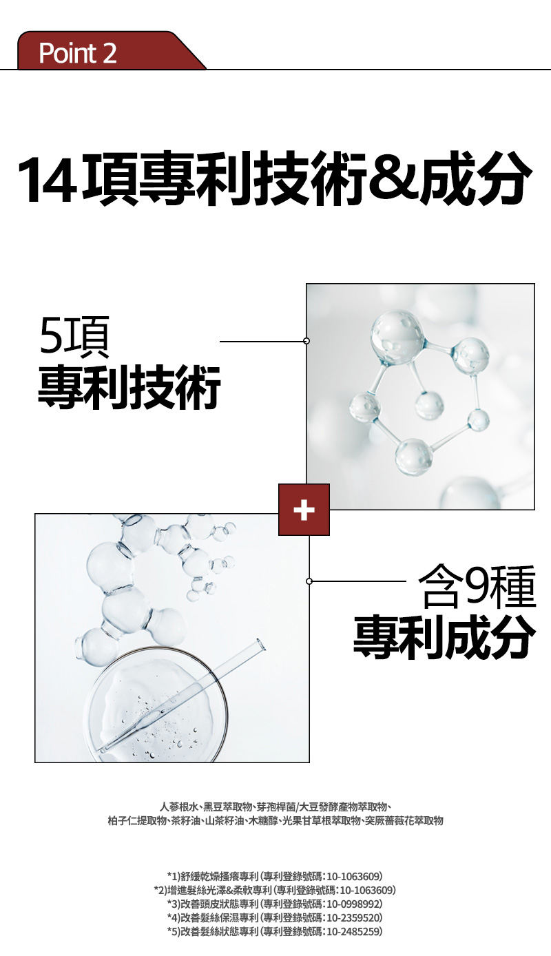 RYO,Taiwan,<p></p>,Point 2, 14 項專利技術&成分,  5項 專利技術, 含9種 專利成分,   人蔘根水、黑豆萃取物、芽孢桿菌/大豆發酵產物萃取物、 柏子仁提取物、茶籽油、山茶籽油、木糖醇、光果甘草根萃取物、突厥薔薇花萃取物,  *1)舒緩乾燥搔癢專利（專利登錄號碼：10-1063609）, *2)增進髮絲光澤&柔軟專利（專利登錄號碼：10-1063609）, *3)改善頭皮狀態專利（專利登錄號碼：10-0998992）, *4)改善髮絲保濕專利（專利登錄號碼：10-2359520）, *5)改善髮絲狀態專利（專利登錄號碼：10-2485259）