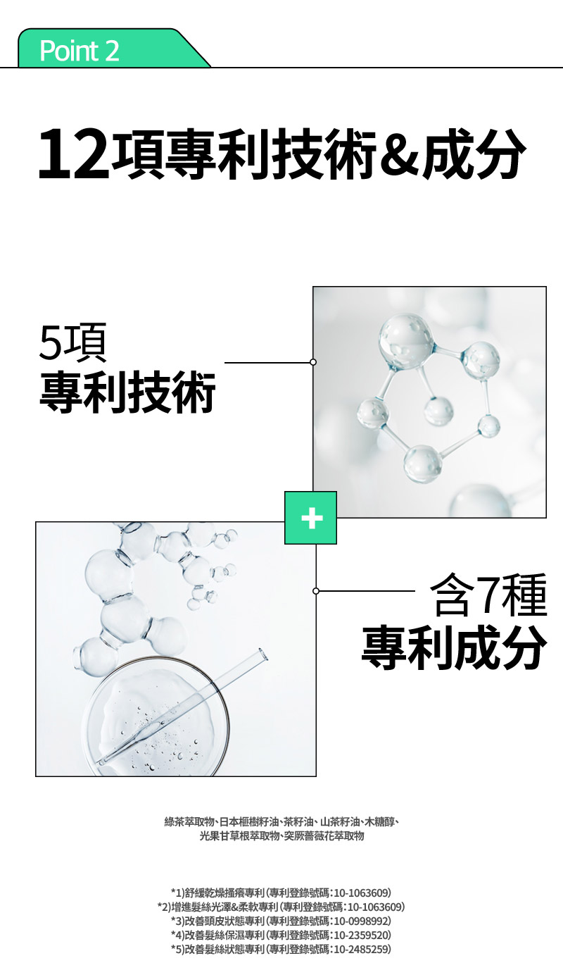 RYO,Taiwan,<p></p>,Point 2, 12項專利技術 & 成分 ,  5項, 專利技術,  含7種, 專利成分,  綠茶萃取物、日本榧樹籽油、茶籽油、 山茶籽油、木糖醇、 光果甘草根萃取物、突厥薔薇花萃取物,   *1)舒緩乾燥搔癢專利（專利登錄號碼：10-1063609）, *2)增進髮絲光澤&柔軟專利（專利登錄號碼：10-1063609）, *3)改善頭皮狀態專利（專利登錄號碼：10-0998992）, *4)改善髮絲保濕專利（專利登錄號碼：10-2359520）, *5)改善髮絲狀態專利（專利登錄號碼：10-2485259）