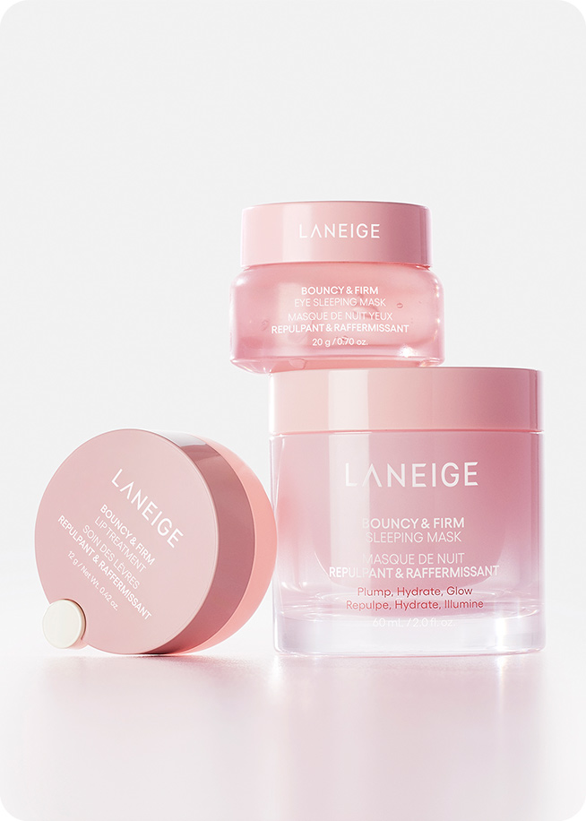 LANEIGE,undefined,<p></p>,Laneige Bouncy & Firm Lip Treatment and Sleeping Mask displayed together in pink packaging