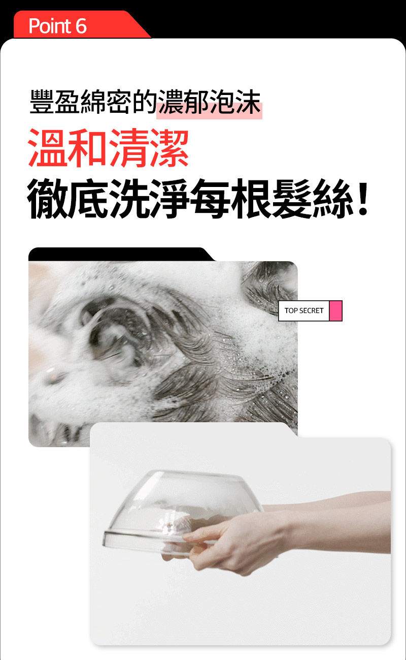 RYO,Taiwan,<p></p>,Point 6, 豐盈綿密的濃郁泡沫, 溫和清潔 徹底洗淨每根髮絲！,  TOP SECRET