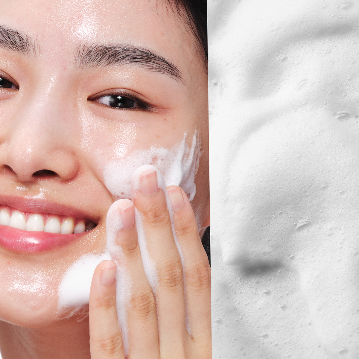 Close-up of Aestura cleanser being applied on the face