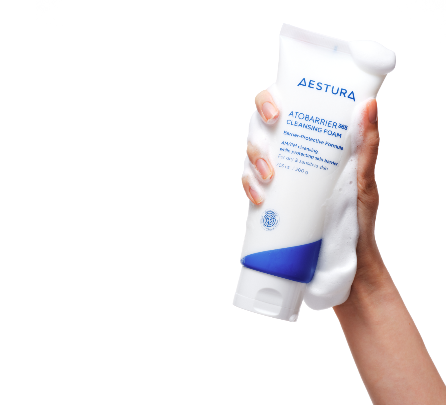 applying Aestura ATOBARRIER365 CREAM onto hand for skincare routine	