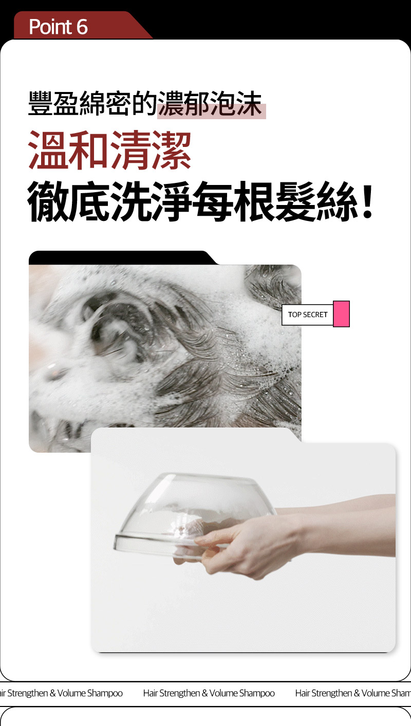 RYO,Taiwan,<p></p>,Point 6, 豐盈綿密的濃郁泡沫 , 溫和清潔, 徹底洗淨每根髮絲！,  TOP SECRET