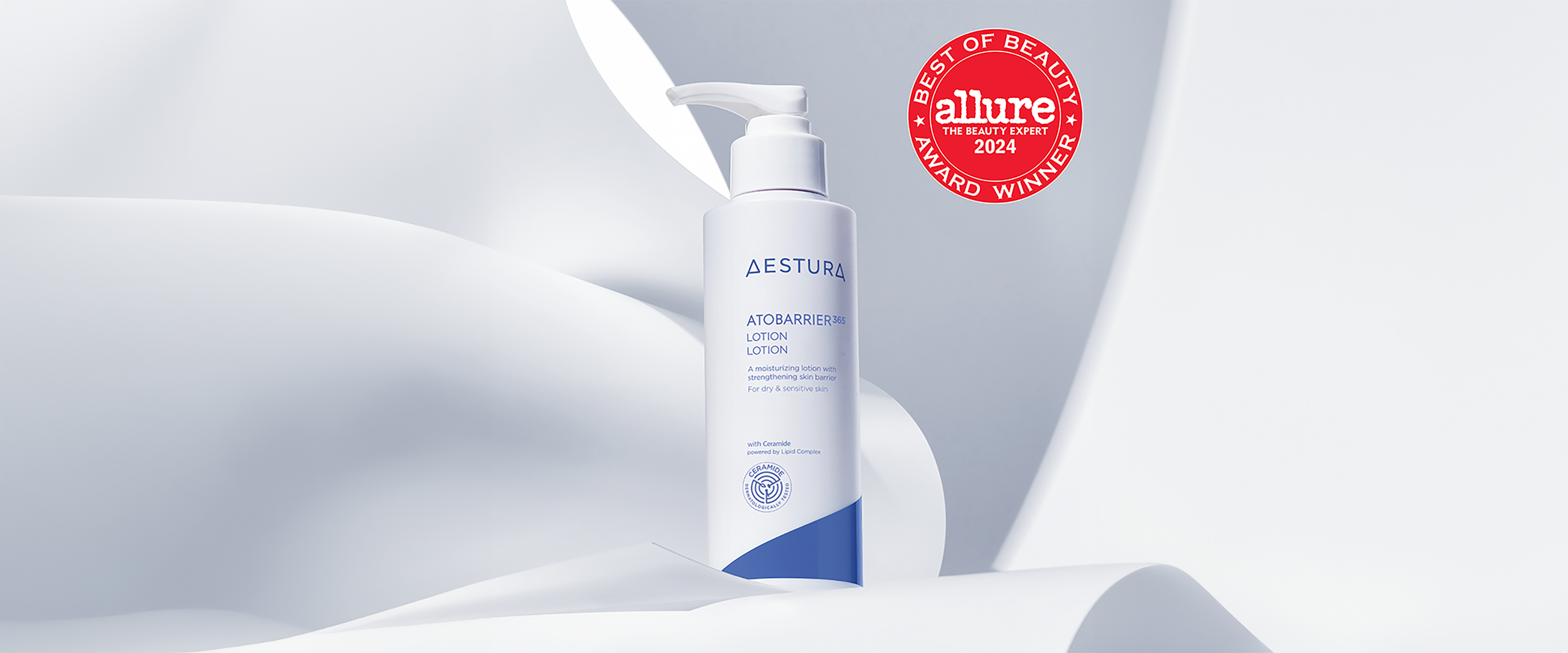 Aestura Atobarrier365 Lotion featured with Allure 2024 Beauty Award Winner badge