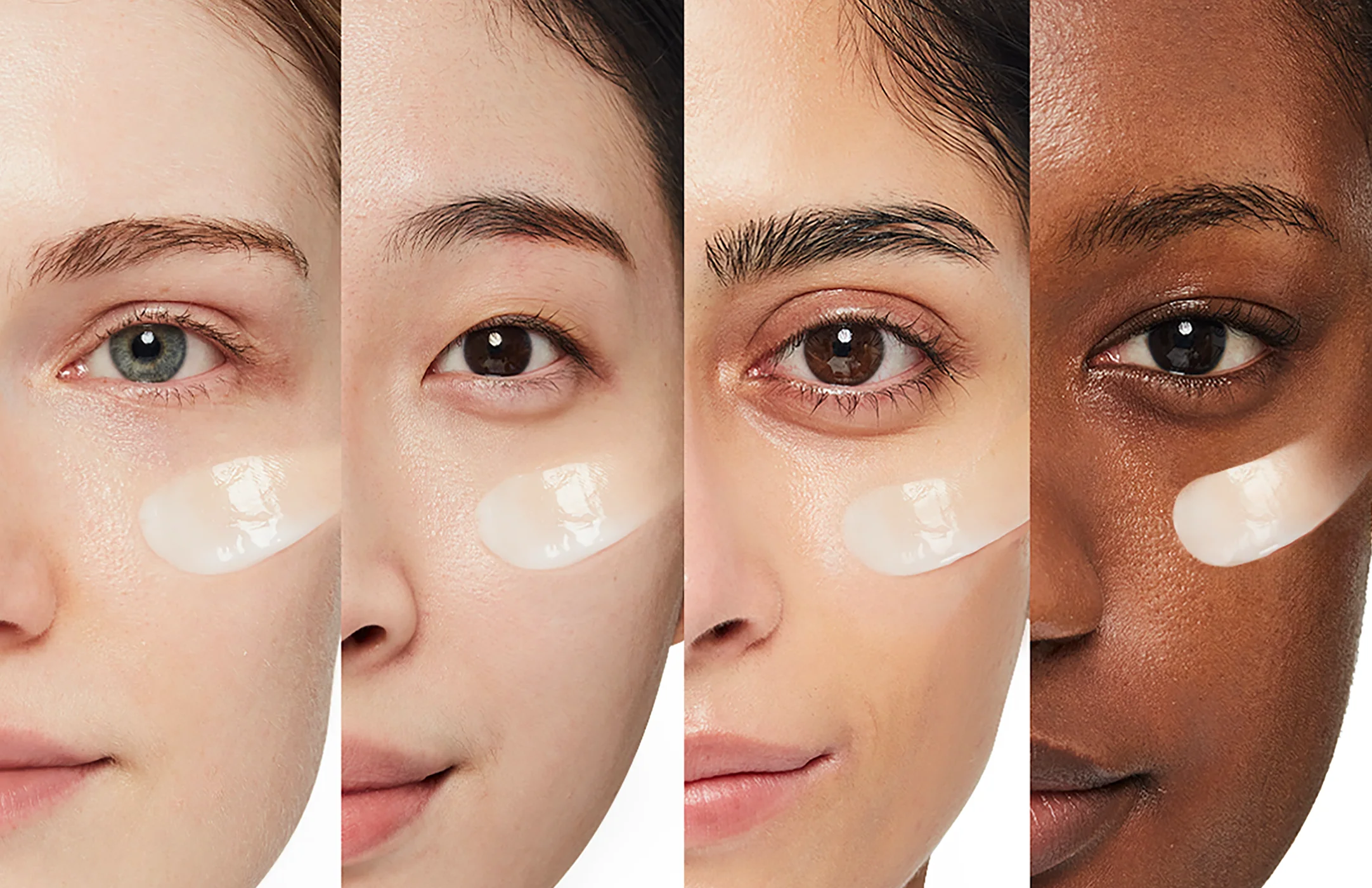 Multiple skin tone models with Aestura ATOBARRIER365 SOOTHING Cream applied under their eyes