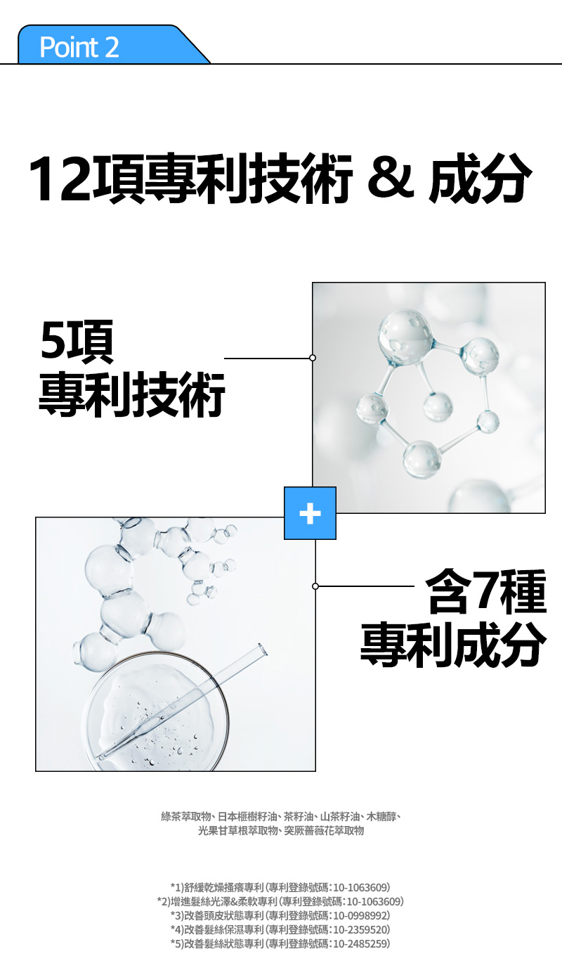 RYO,Taiwan,<p></p>,Point 2, 12項專利技術 & 成分, 5項 專利技術, 含7種 專利成分,  綠茶萃取物、 日本榧樹籽油、 茶籽油、 山茶籽油、 木糖醇、 光果甘草根萃取物、 突厥薔薇花萃取物,   *1)舒緩乾燥搔癢專利（專利登錄號碼：10-1063609）, *2)增進髮絲光澤&柔軟專利（專利登錄號碼：10-1063609）, *3)改善頭皮狀態專利（專利登錄號碼：10-0998992）, *4)改善髮絲保濕專利（專利登錄號碼：10-2359520）, *5)改善髮絲狀態專利（專利登錄號碼：10-2485259）