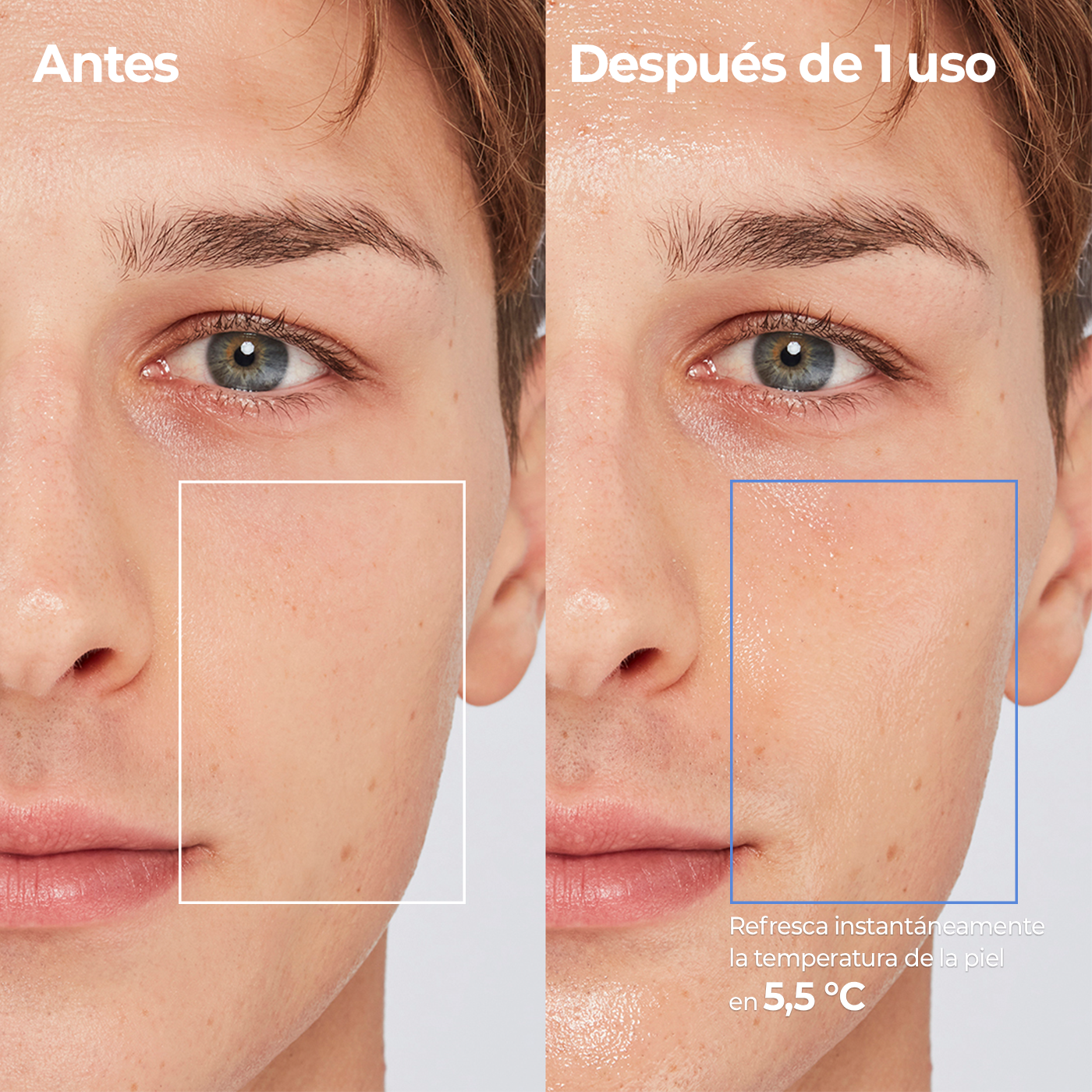 Comparación de antes y después que muestra el cambio en la piel tras un solo uso
