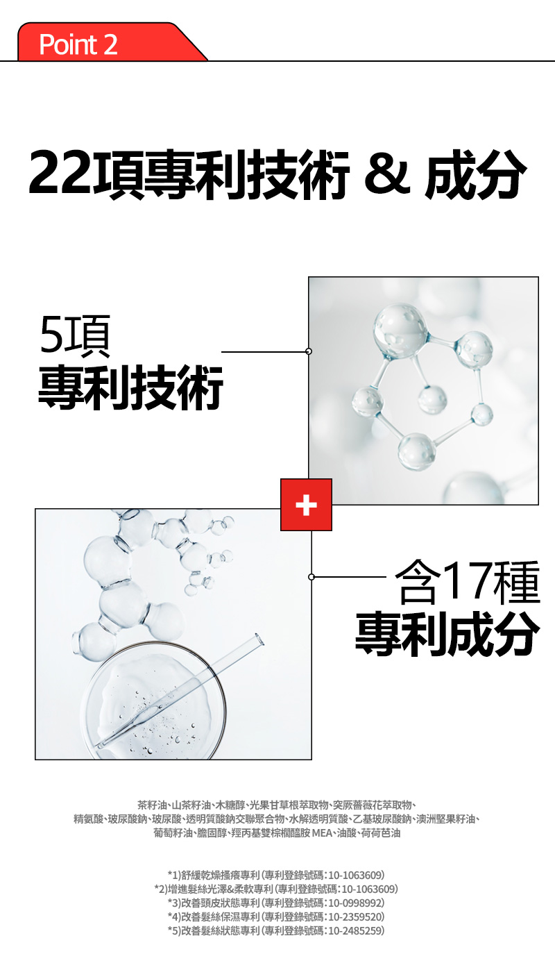 RYO,Taiwan,<p>Title text, Lorem Ipsum is simply dummy text</p>,Point 2, 22項專利技術 & 成分, 5項 專利技術, 含17種 專利成分,   茶籽油、山茶籽油、木糖醇、光果甘草根萃取物、突厥薔薇花萃取物、 精氨酸、玻尿酸鈉、玻尿酸、透明質酸鈉交聯聚合物、水解透明質酸、乙基玻尿酸鈉、澳洲堅果籽油、 葡萄籽油、膽固醇、羥丙基雙棕櫚醯胺 MEA、油酸、荷荷芭油,   *1)舒緩乾燥搔癢專利（專利登錄號碼：10-1063609）, *2)增進髮絲光澤&柔軟專利（專利登錄號碼：10-1063609）, *3)改善頭皮狀態專利（專利登錄號碼：10-0998992）, *4)改善髮絲保濕專利（專利登錄號碼：10-2359520）, *5)改善髮絲狀態專利（專利登錄號碼：10-2485259）