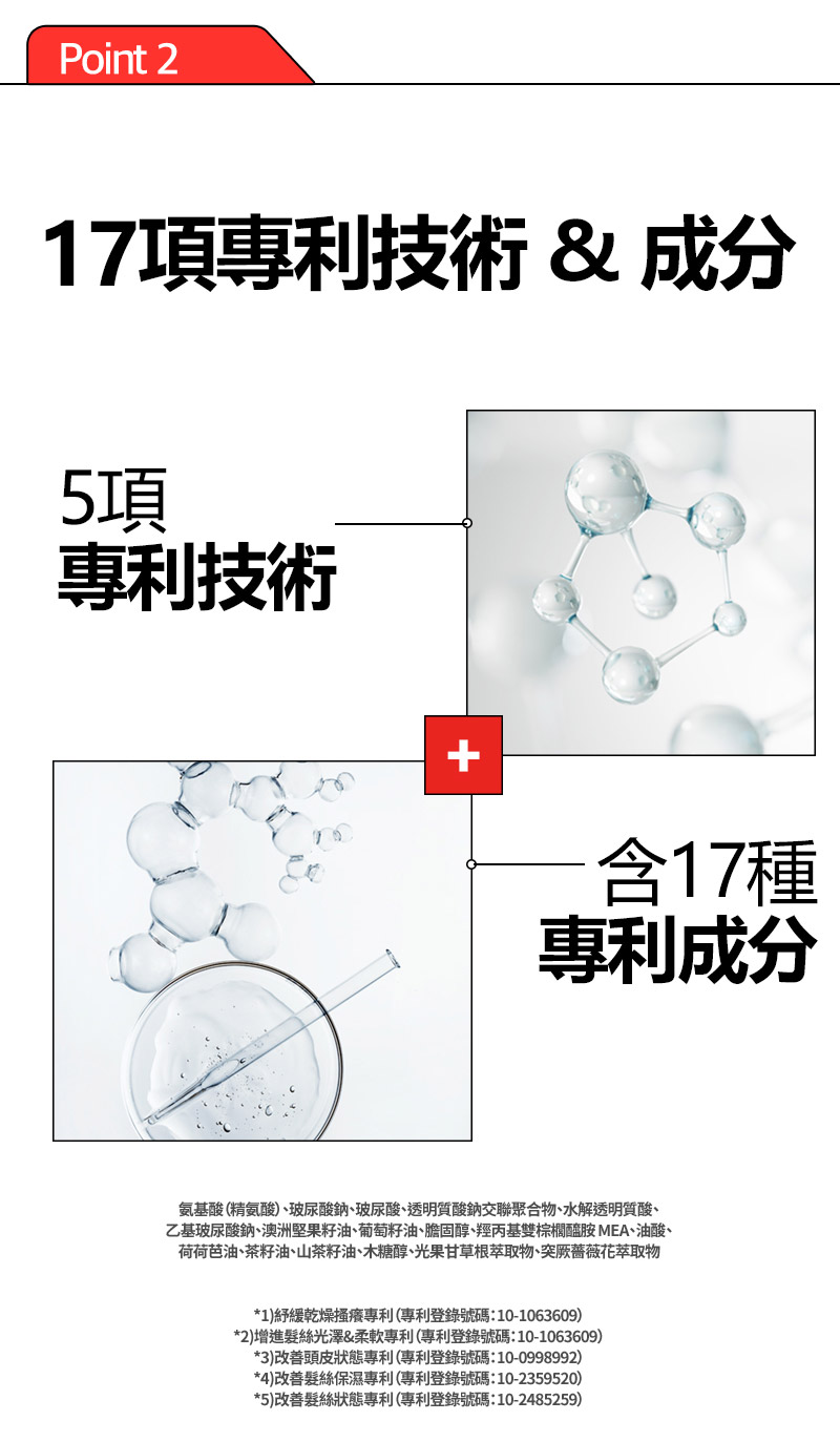 RYO,Taiwan,<p></p>,Point 2, 17項專利技術 & 成分,  5項, 專利技術,  含17種, 專利成分,   氨基酸（精氨酸）、玻尿酸鈉、玻尿酸、透明質酸鈉交聯聚合物、水解透明質酸、, 乙基玻尿酸鈉、澳洲堅果籽油、葡萄籽油、膽固醇、羥丙基雙棕櫚醯胺 MEA、油酸、, 荷荷芭油、茶籽油、山茶籽油、木糖醇、光果甘草根萃取物、突厥薔薇花萃取物,  *1)紓緩乾燥搔癢專利（專利登錄號碼：10-1063609）, *2)增進髮絲光澤&柔軟專利（專利登錄號碼：10-1063609）, *3)改善頭皮狀態專利（專利登錄號碼：10-0998992）, *4)改善髮絲保濕專利（專利登錄號碼：10-2359520）, *5)改善髮絲狀態專利（專利登錄號碼：10-2485259）