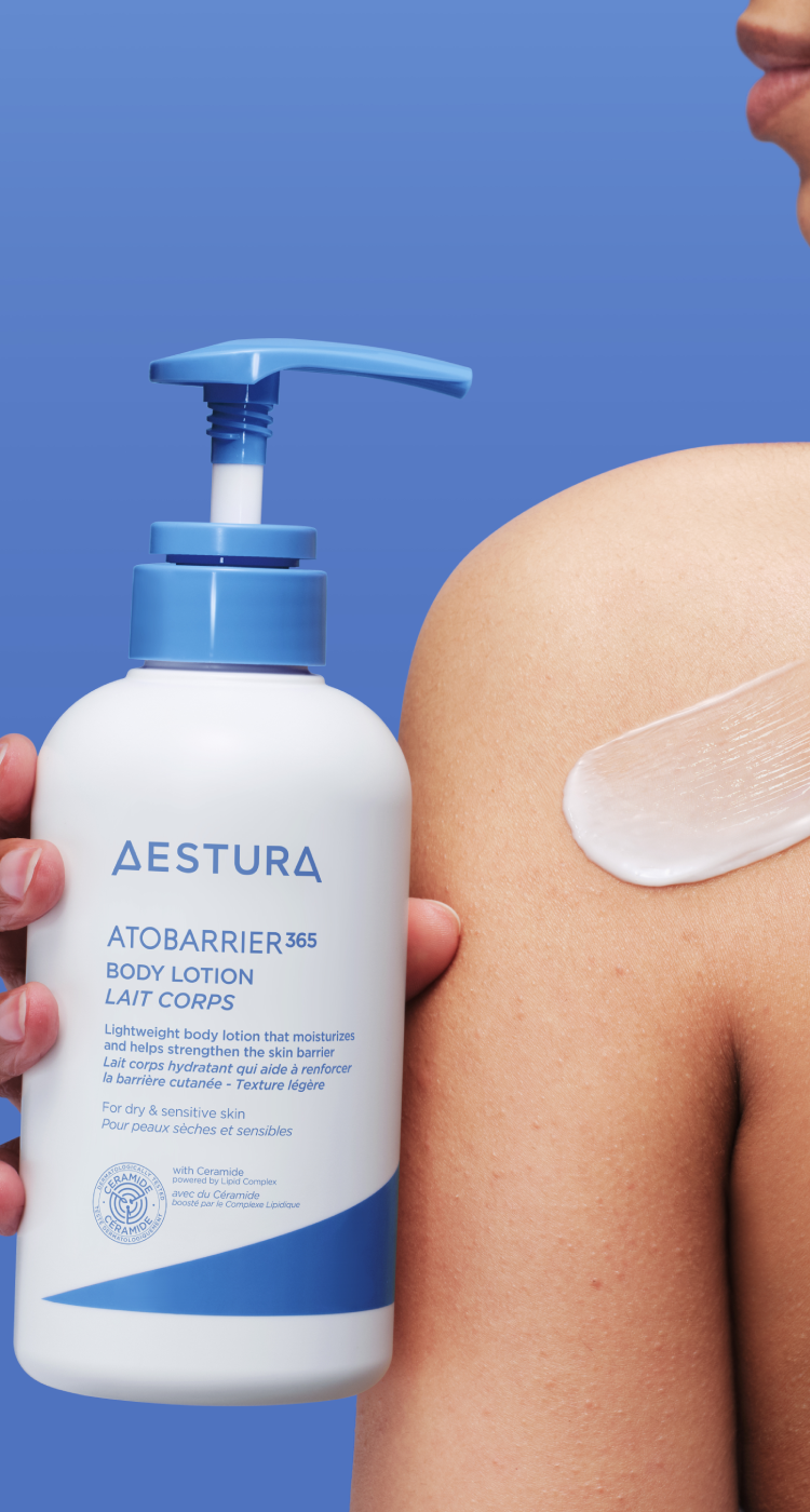 Close-up of Aestura cream being applied on the face