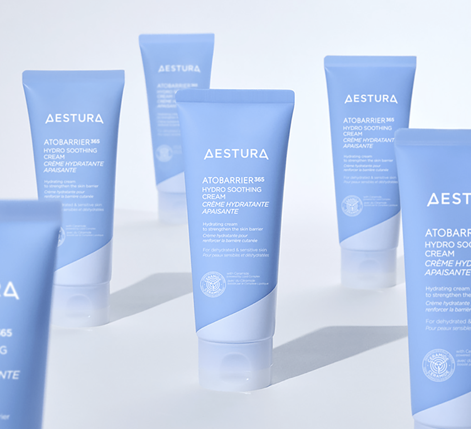 Multiple Aestura Atobarrier365 Hydro Soothing Cream tubes arranged on white surface