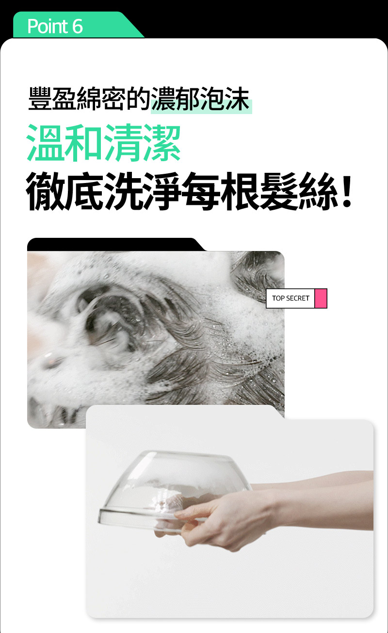 RYO,Taiwan,<p></p>,Point 6, 豐盈綿密的濃郁泡沫,  溫和清潔, 徹底洗淨每根髮絲！,  TOP SECRET