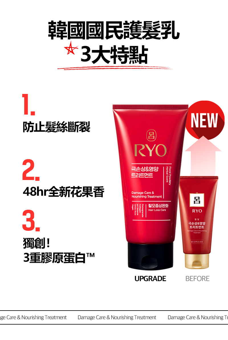 RYO,Taiwan,<p>Title text, Lorem Ipsum is simply dummy text</p>,韓國國民護髮乳 3大特點, 1. 防止髮絲斷裂, 2. 48hr全新花果香, 3. 獨創！3重膠原蛋白™ 