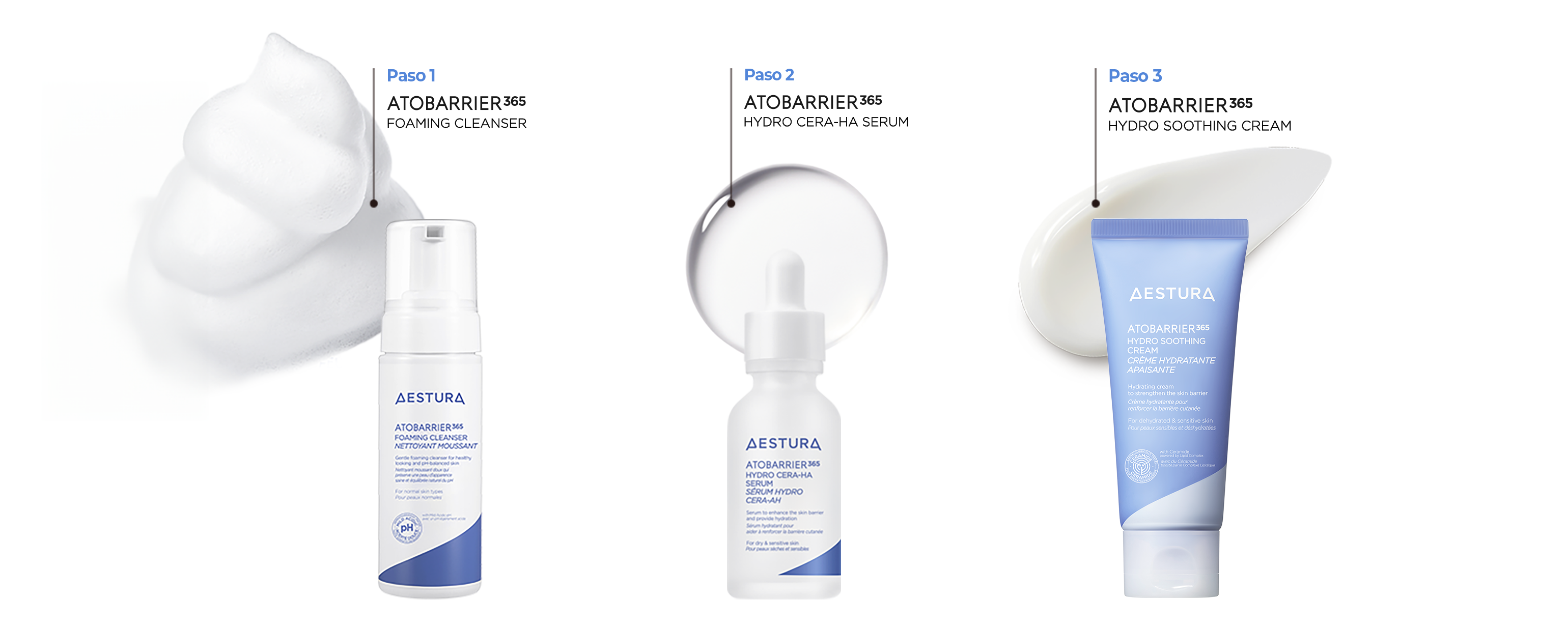 Imagen del set de cuidado de la piel de 3 pasos de Aestura: limpiador, sérum y crema