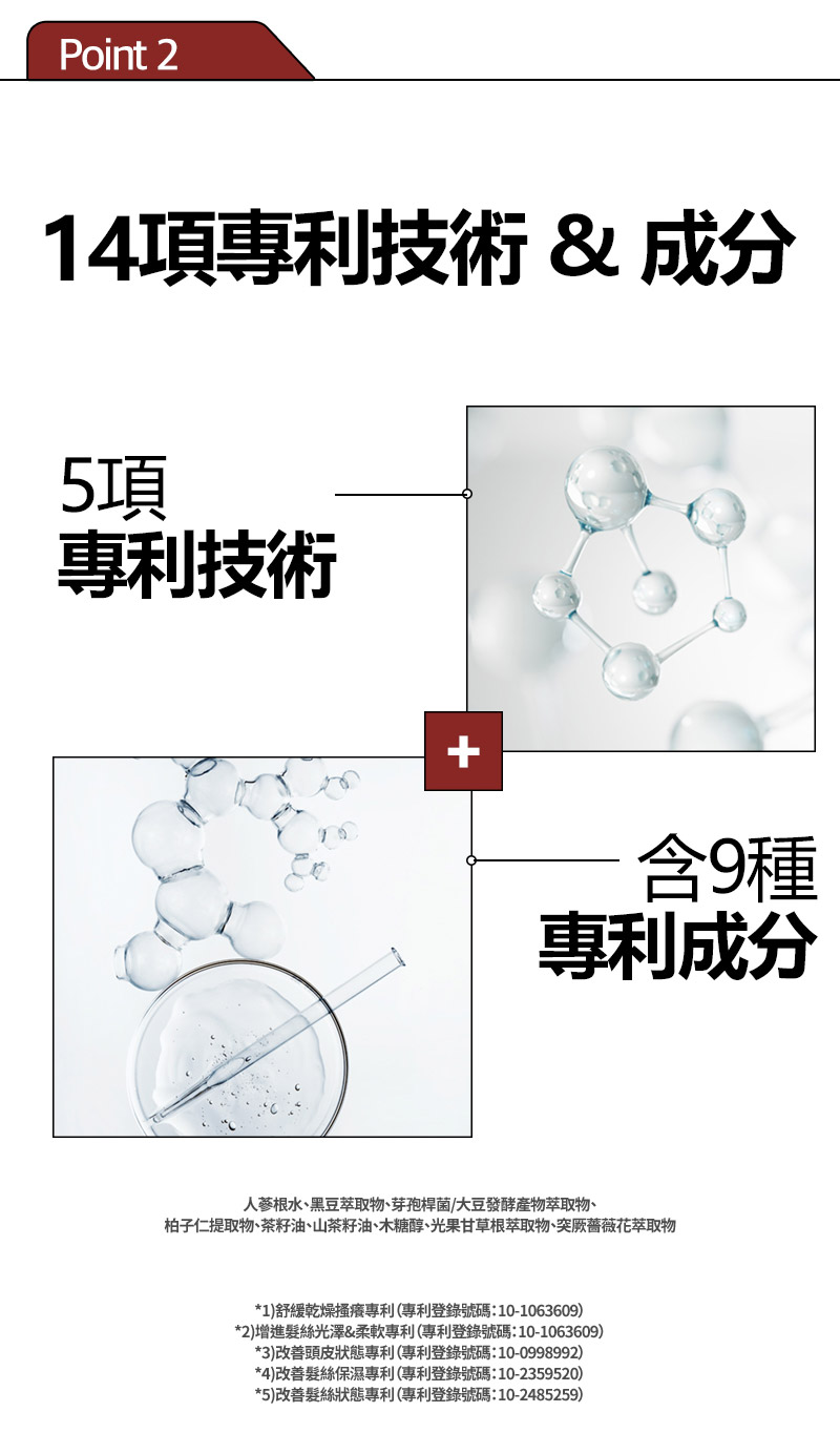 RYO,Taiwan,<p></p>,Point 2, 14項專利技術 & 成分,  5項, 專利技術,  含9種, 專利成分,  人蔘根水、黑豆萃取物、芽孢桿菌/大豆發酵產物萃取物、, 柏子仁提取物、茶籽油、山茶籽油、木糖醇、光果甘草根萃取物、突厥薔薇花萃取物,   *1)舒緩乾燥搔癢專利（專利登錄號碼：10-1063609）, *2)增進髮絲光澤&柔軟專利（專利登錄號碼：10-1063609）, *3)改善頭皮狀態專利（專利登錄號碼：10-0998992）, *4)改善髮絲保濕專利（專利登錄號碼：10-2359520）, *5)改善髮絲狀態專利（專利登錄號碼：10-2485259）