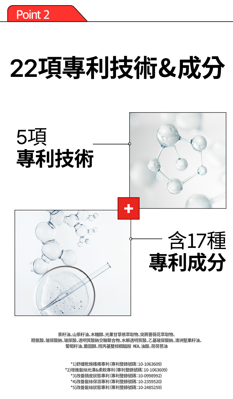 RYO,Taiwan,<p></p>,Point 2, 22項專利技術 & 成分,  5項 專利技術, 含17種 專利成分,  茶籽油、山茶籽油、木糖醇、光果甘草根萃取物、突厥薔薇花萃取物、 精氨酸、玻尿酸鈉、玻尿酸、透明質酸鈉交聯聚合物、水解透明質酸、乙基玻尿酸鈉、澳洲堅果籽油、 葡萄籽油、膽固醇、羥丙基雙棕櫚醯胺 MEA、油酸、荷荷芭油,   *1)舒緩乾燥搔癢專利（專利登錄號碼：10-1063609）, *2)增進髮絲光澤&柔軟專利（專利登錄號碼：10-1063609）, *3)改善頭皮狀態專利（專利登錄號碼：10-0998992）, *4)改善髮絲保濕專利（專利登錄號碼：10-2359520）, *5)改善髮絲狀態專利（專利登錄號碼：10-2485259）