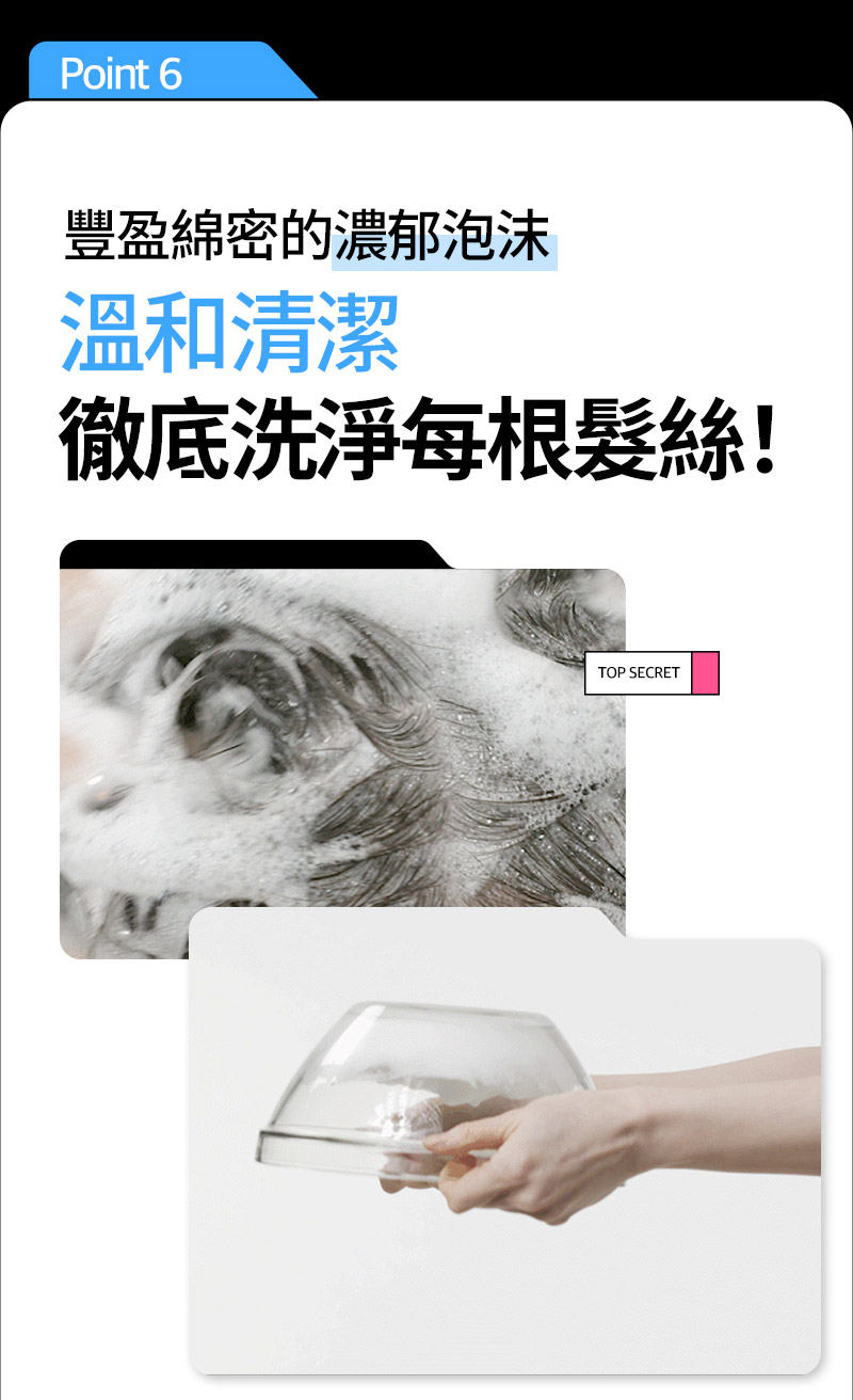 RYO,Taiwan,<p></p>,Point 6, 豐盈綿密的濃郁泡沫, 溫和清潔 徹底洗淨每根髮絲！, TOP SECRET