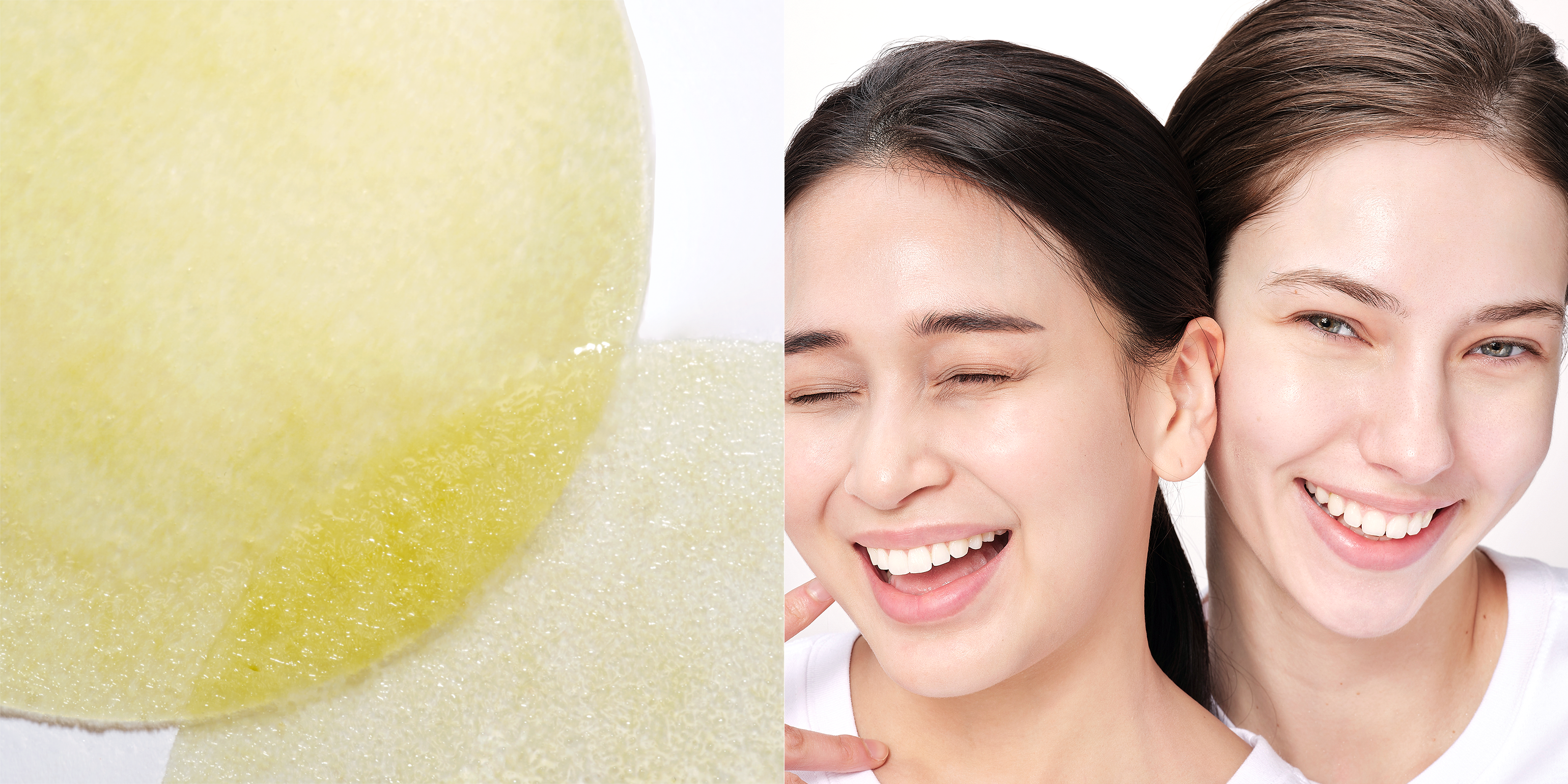 Close-up of two models with glowing skin after applying Aestura cream