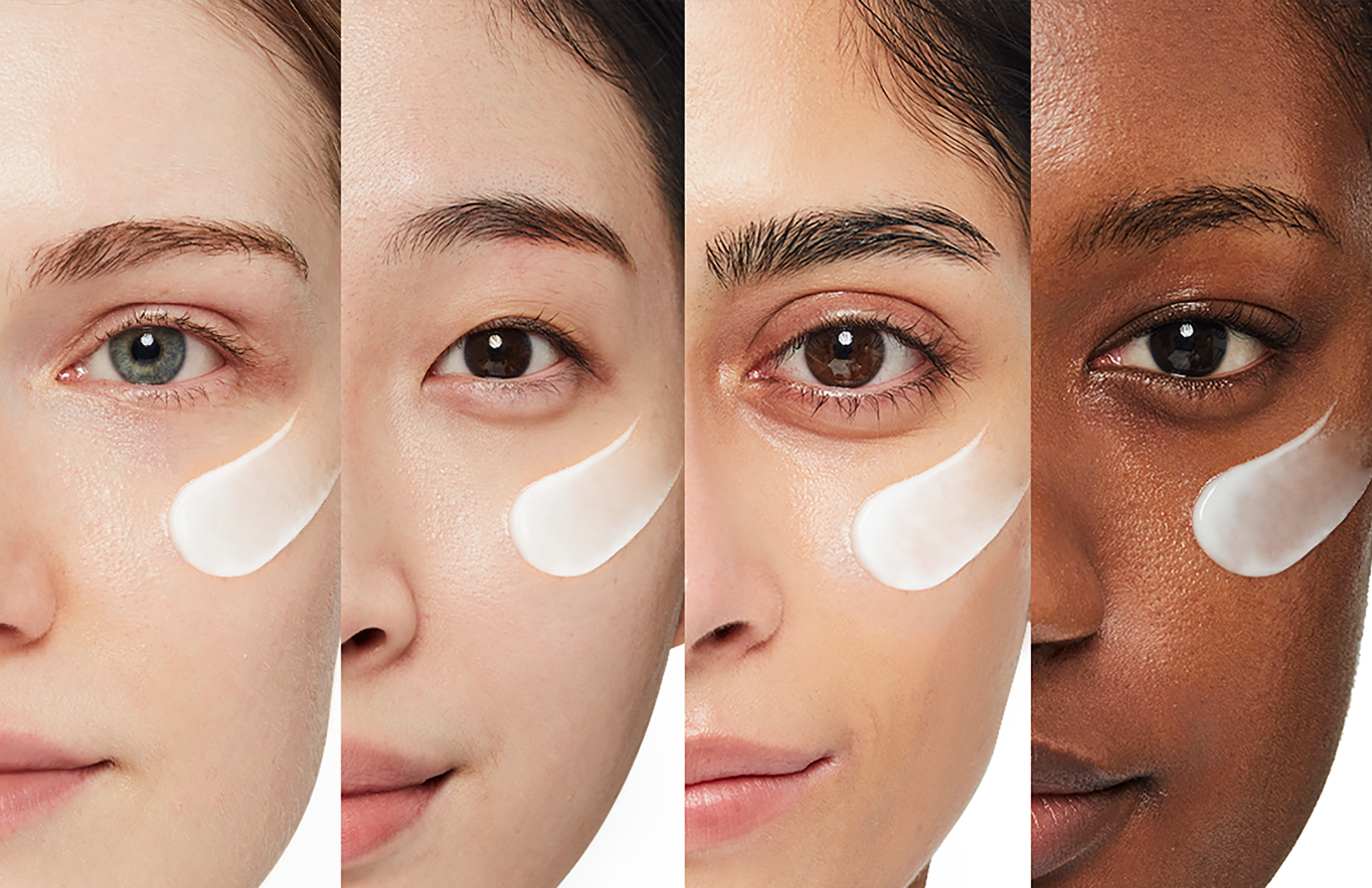 Multiple skin tone models with Aestura ATOBARRIER365 Lotion applied under their eyes